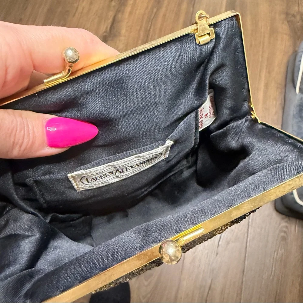 Lauren Alexandra Beaded Black and Gold Evening Bag kiss lock vintage swans - Picture 4 of 8